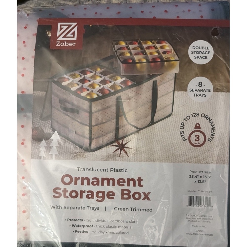 Zober Ornament Storage Box 8 Trays 128 Slots Zippered Translucent 25x13x13 New